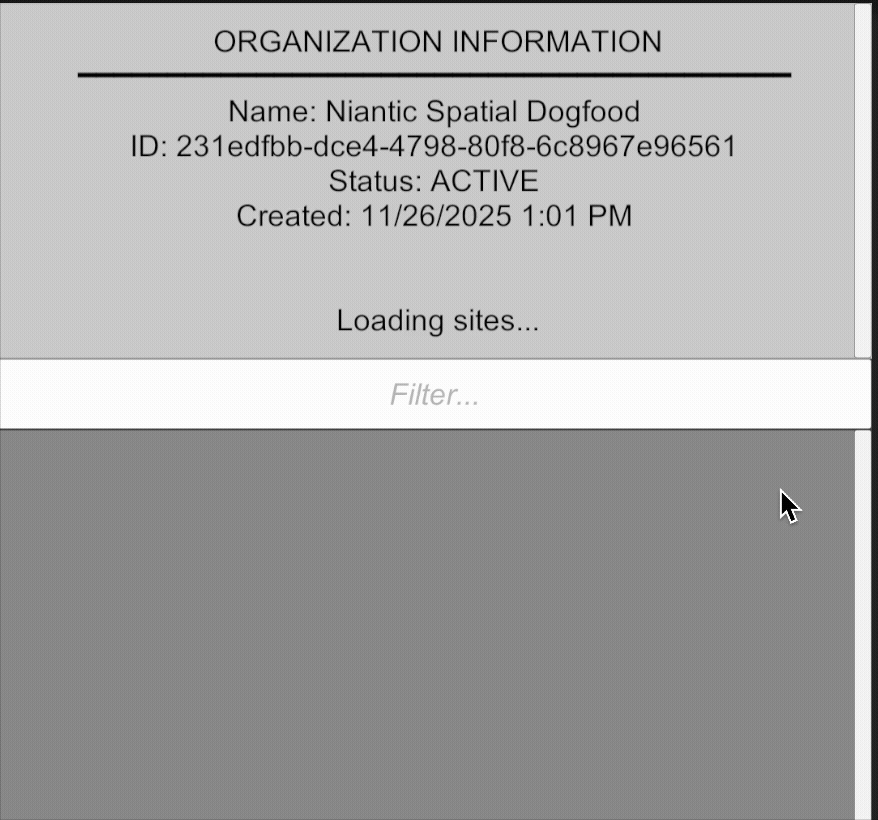 Sites API visualization showing organization information and loading sites