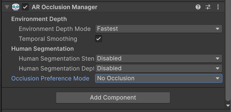 The AR Occlusion Manager with No Occlusion set